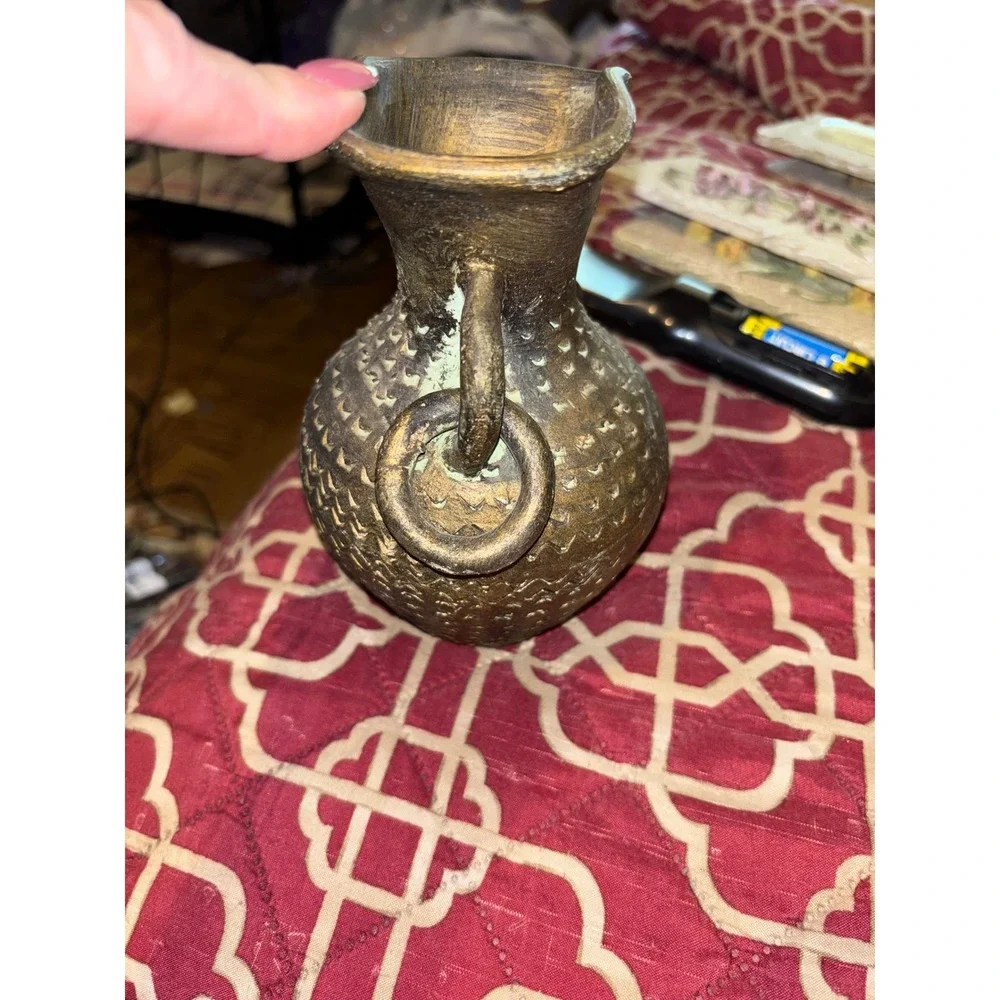 Vintage Style Textured Bronze Metal Bud Vase with Verdigris Patina Ring Handles